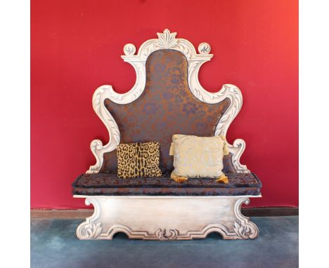 Lacquered wood bench Italy, 20th centurydecorated with vegetal motifs, fabric upholstered and covered seat and backrest190x16