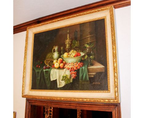 European painter 20th century"Still life of fruit with pottery", oil on canvas, signed at the bottom right, within lacquered 