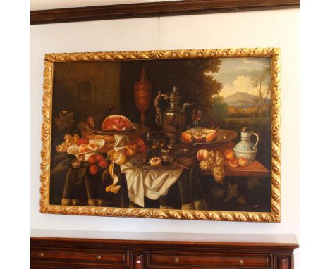 Italian painter 20th century"Still life of fruit and pottery", oil on canvas, signed at the bottom right116x178 cm.