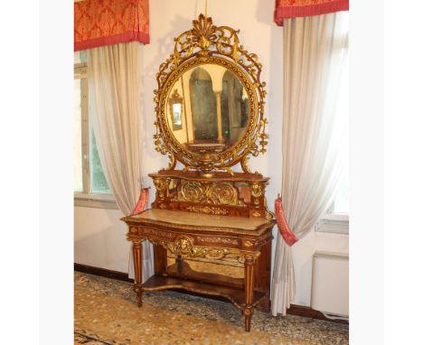 Console with mirror in wood and gilded wood Italy, 20th centuryrichly perforated and carved structure with plant motifs, oppo