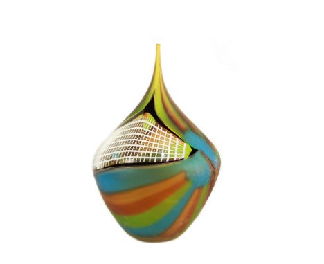 Polychrome glass vase Murano, 20th centuryPyriform body decorated with abstract elements and reticelloh. 42 cm.