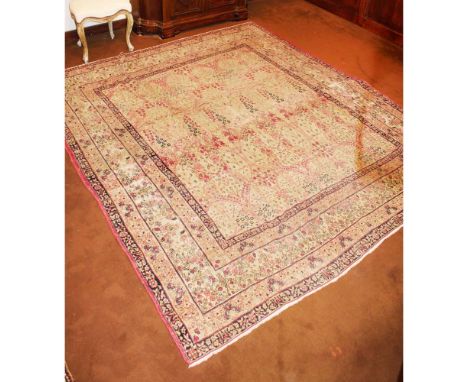 Oriental carpet 20th centurydecorated with floral and plant patterns on a multicolored background, defects and wears264x231 c