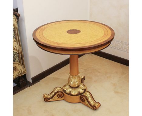 Gueridon in various woods and golden wood Italy, 20th centurycircular top resting on a balustrade base decorated with vegetal