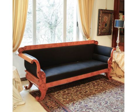 Biedermeier style sofa Italy, 20th centuryshaped structure decorated with carved elements with volutes and cornucopias, sfabr