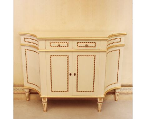Lacquered and golden wood sideboard Italy, 20th centuryrounded body decorated with torchon elements, two drawers and two door