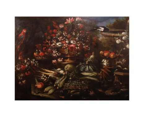 Paolo Paoletti, circle of Padua 1671 - Udine 1735"Still life of flowers, fruit, vegetables and animals", oil on canvas, withi