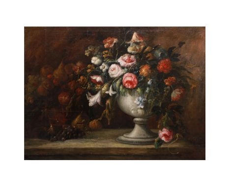 European painter 18th-19th century"Still life of flowers and fruit", oil on canvas, within lacquered wood frame71x94 cm.