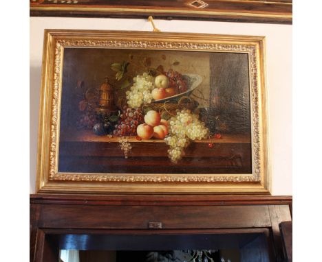 Italian painter 20th century"Still life of fruit and pottery", oil on canvas, within gilded wooden frame, signed on the botto