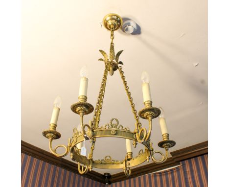 A bronze six lights chandelier France, 20th centurychiseled structure with love knots and Empire-style motifs63x60 cm.