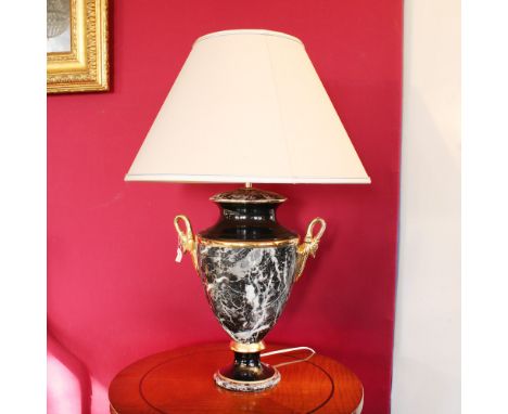 Ceramic table lamp Italy, 20th centurygolden and decorated to simulate marble, side handles in the shape of a swan, complete 