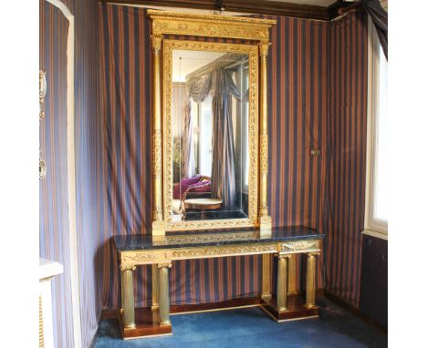 Console with mirror Italy, 20th centuryBodies decorated with columns and capitals, vegetal and volute motifs, black marble to