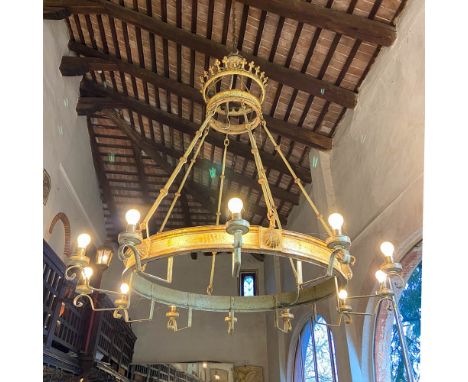 Large lacquered iron chandelier with twelve lights Italy, 19th centurypartially gilded, circular structure210x185 cm.