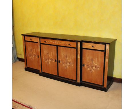 Wooden sideboard Italy, 20th centurylacquered and pickled, shaped top with a three drawers and four doors front inlaid with f