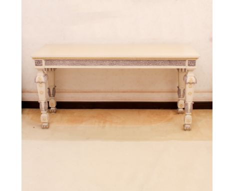 Lacquered wooden console Italy, 20th centurystructure carved with rich vegetal and floral motifs, some of them in gold, recta