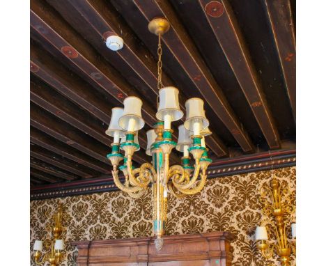 Bronze eight lights chandelier France, 20th centurychiseled with vegetal motifs and decorated with malachite applications, sh