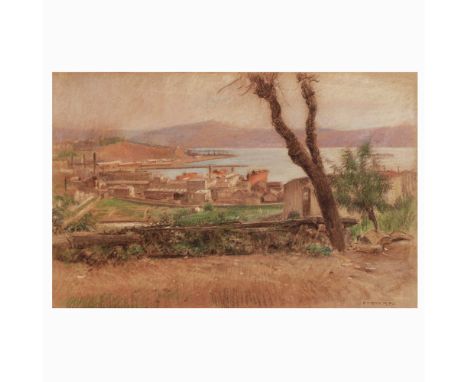 Adolf Hirémy-Hirschl Timisoara, 1860 - Rome, 1933"Industrial landscape on the sea", pastel on paper, within wooden frame, sig