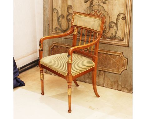 Wooden and golden wood armchair Italy, 20th centuryopenworked and carved backrest with Empire style motifs, fabric upholstere