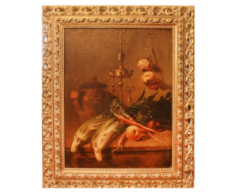 Italian painter 20th century"Still life of fruit, vegetables and pottery", oil on canvas, within gilded wood frame65x50 cm.