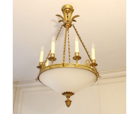 Eight lights chandelier in bronze and opal glass France, 20th centurystructure chiseled  with Empire-style motifs105x53 cm.