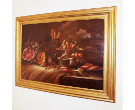 European painter 20th century"Still life of fruit with pottery and bread", oil on canvas, within a lacquered and gilded woode