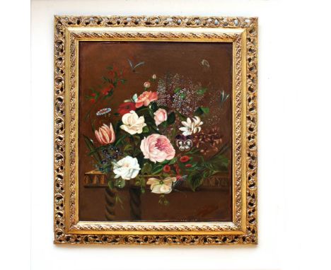 Henri Joseph Thomas, attributed Belgium, 1878 - 1972"Still life of flowers", oil on canvas, within gilded wood frame, traces 