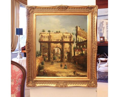 European painter 20th century"Architectural capriccio with arch of Constantine and glimpse of the Colosseum", oil on canvas, 