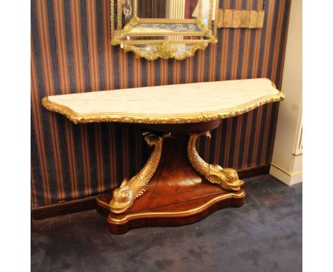 Wood and golden wood console Italy, 20th centuryshaped marble top with band below carved with floral motifs, mythological dol