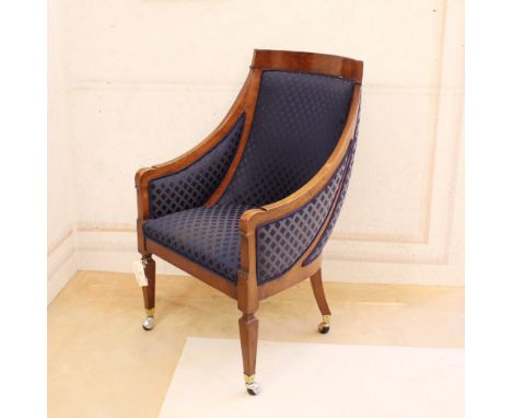Mahogany armchair Italy, 20th centurypartially padded and fabric-covered shaped line structure, truncated pyramidal and saber