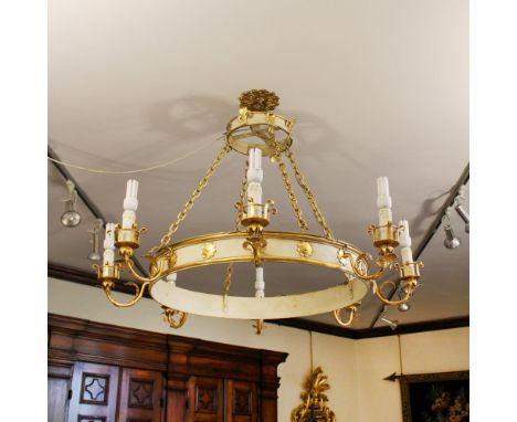 Eight-light chandelier in lacquered and gilded iron Italy, 20th centurycircular structure, forged arms with floral motifs105x