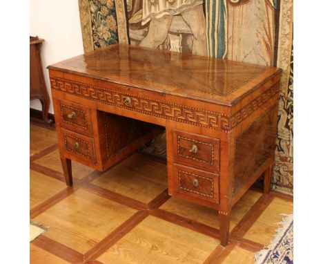 Cherrywood and walnut bureau desk Italy, XVIII century.Body inlaid in various woods with geometric and Greek frieze motifs, r