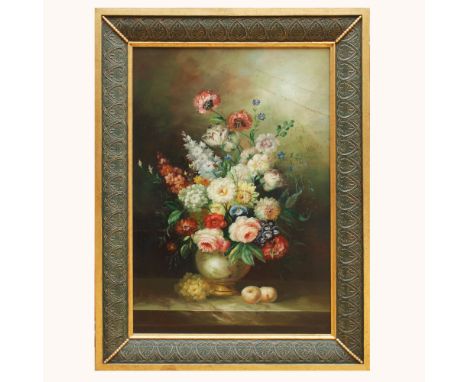 Italian painter 20th century"Still life of flowers and fruit", oil on canvas, within frame in lacquered and golden wood90x60 