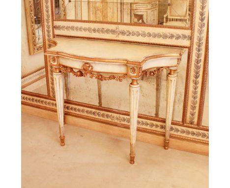 Lacquered and golden wood console Italy, 20th centuryshaped top, band below decorated with floral motifs and garlands resting
