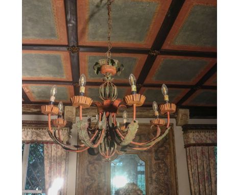 Wrought iron eight-lights chandelier Italy, 19th-20th centurypainted in polychrome70x80 cm.