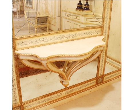 Pair of lacquered and golden wood console Italy, 20th centuryshaped top resting on four shaped line supports joined at the ce