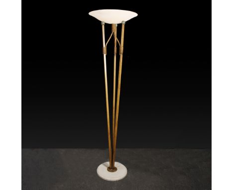 Metal and glass floor lamp Italy, 20th centuryopal glass diffuser, lacquered iron body resting on a circular stone baseh. 178