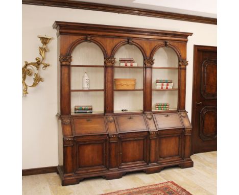 Bookcase in walnut-dyed poplar Italy, 20th centuryArchitectural structure, front with shelves, three flaps and three drawers 