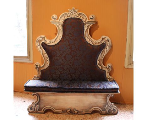 Lacquered wooden bench Italy, 20th centurydecorated with vegetal motifs, fabric upholstered and covered seat and backrest190x