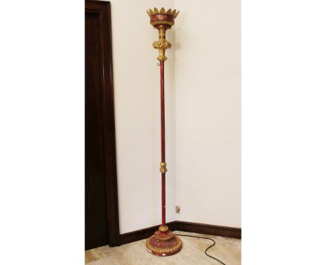 Lacquered and gilded wood floor lamp Italy, 18th centurypodded and carved with floral and plant motifsh. 208 cm.