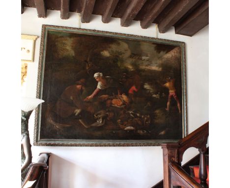 Flemish painter XVIII sec."Landscape with characters and game", oil on canvas, within a lacquered and gilded wooden frame155x