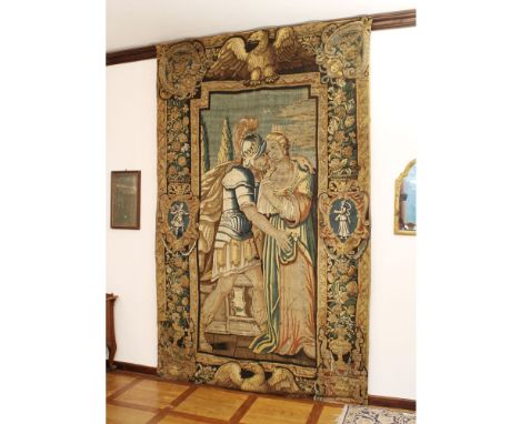 Ancient tapestry France, XVIII-XIX sec.depicting a gallant scene, vegetal motifs and eagles, defects and restorations315x190 