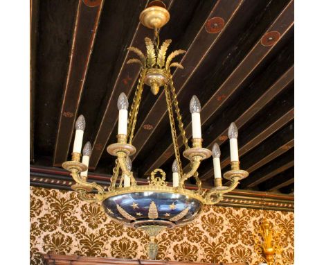 Bronze eight light chandelier France, 20th centurychiseled structure with Empire-style motifs, burnished bronze cup110x65 cm.