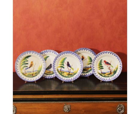 Five polychrome ceramic dishes Nove, Bassano - 20th centurydecorated with birds and plant elements, brand on the back, slight