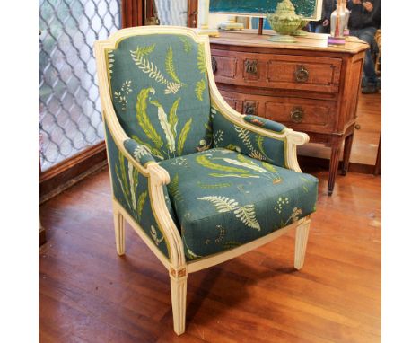 Lacquered wood armchair Italy, 20th centurypartially gilded, wavy line structure, upholstered fabric seat and backrest100x70x