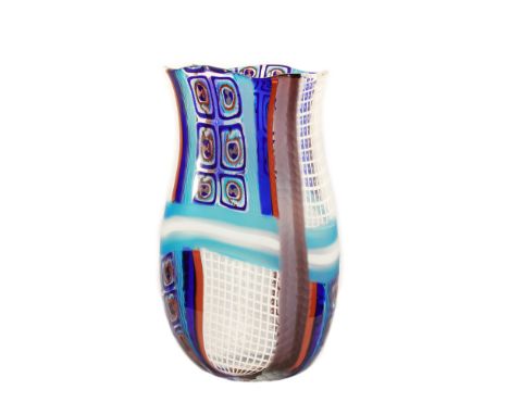 Polychrome glass vase Murano, 20th centurybody decorated with abstract elements in the shade of blue, blue and orange, and re