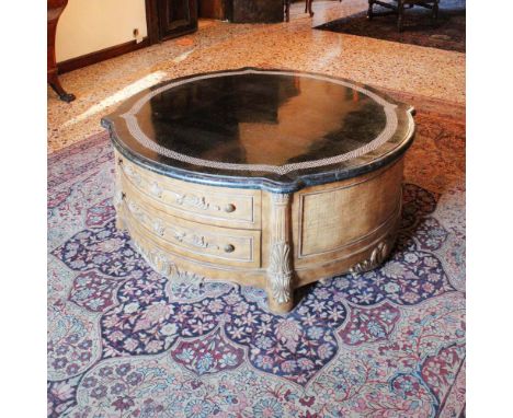 Pickled wood coffee table Italy, 20th centurymarble top decorated with mosaic, a partially decorated base with raw canvas and