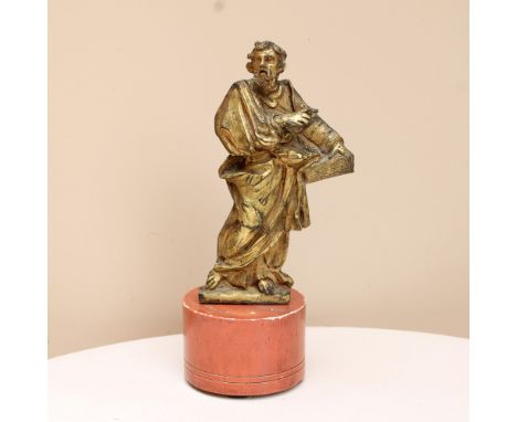 Golden bronze sculpture Italy, XVIII century.depicting a saint, resting on a circular base in lacquered wood not coevalh. 20 