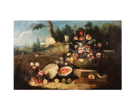 Italian painter 19th century"Still life with landscape", oil on canvas, within lacquered wood frame90x140 cm.