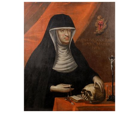 European painter 17th-18th century"Portrait of nun with skull", oil on canvas, within lacquered wood frame95x80 cm.