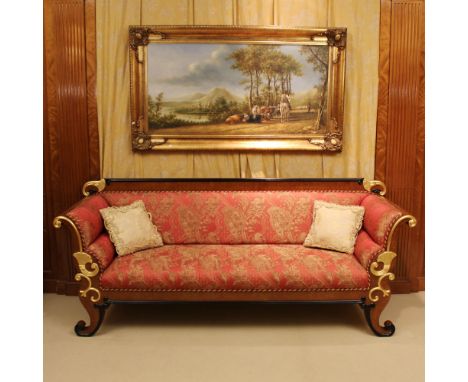 Charles X style sofa Italy, 20th centurypartially gilded and ebonized wooden structure carved with motifs of opposite scrolls