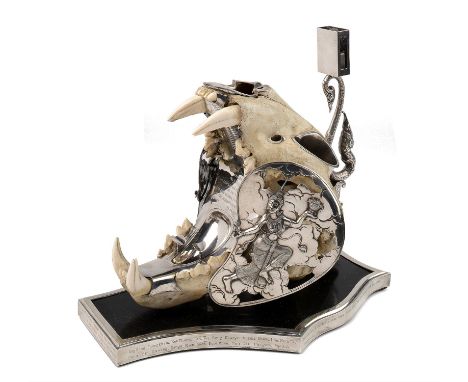 A smokers compendium  Thailand&#44; 1930&#39;s the tiger skull with silver mounts on shield&#44; inscribed with presentation 